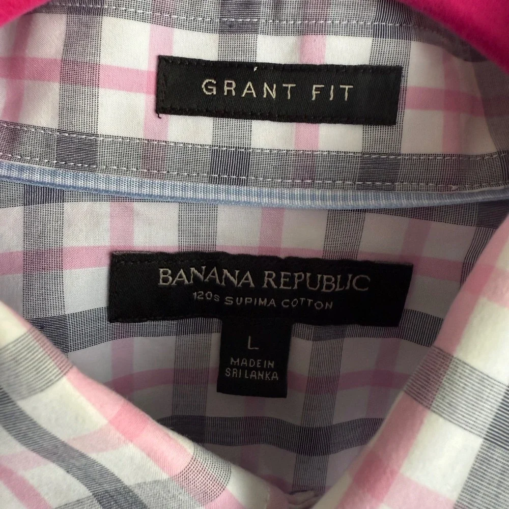 BANANA REPUBLIC 'Grant Fit' Supima Cotton‎ Gray Pink Plaid Mens Button Down, L
